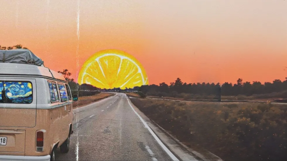 minivan, lemon in the sky, sunset, road trip