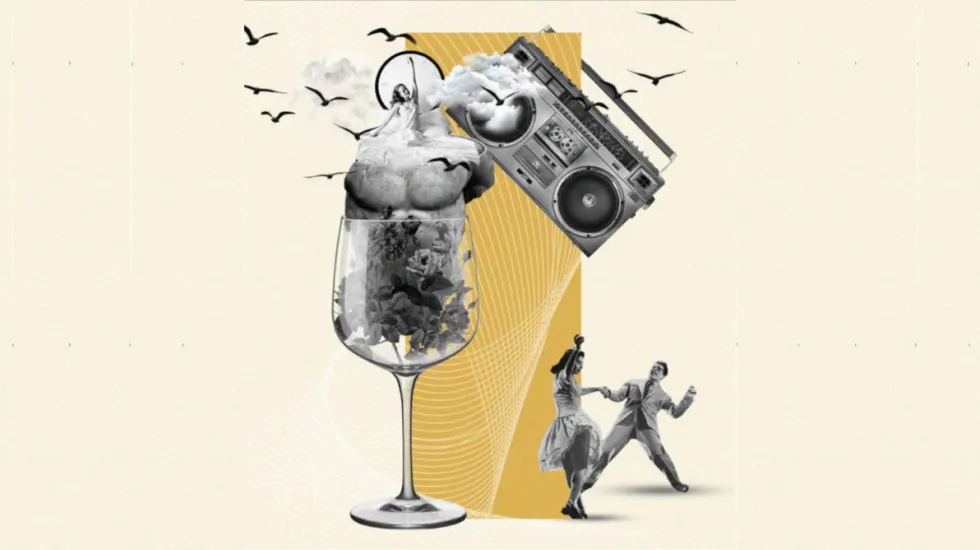 a glass, a radio, two people dancing