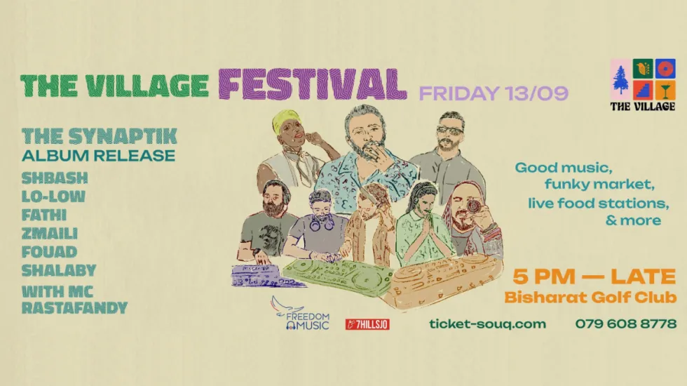 Poster for a music festival in Jordan, The Village Festival, The Synaptik live
