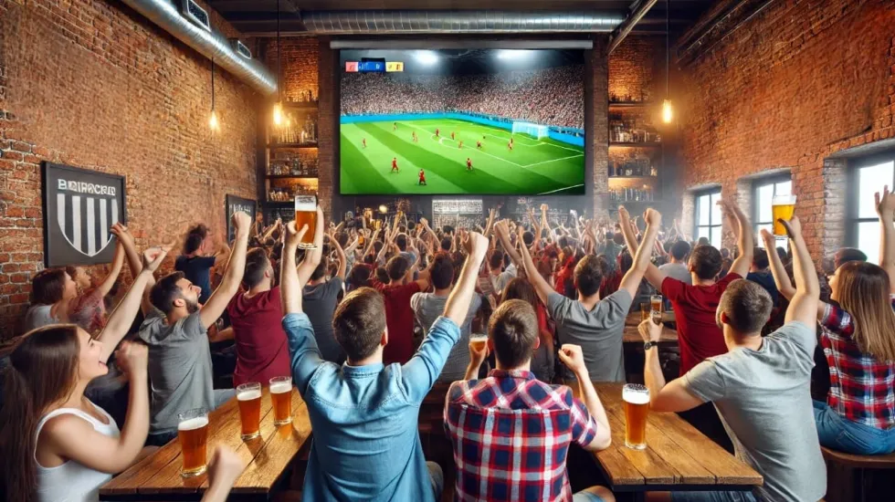 A crowded sports bar with fans celebrating as they watch a soccer game on large TV screens mounted on a brick wall. People are cheering with their arms raised, holding glasses of beer. The atmosphere is lively and energetic, with excitement filling the room. The focal point is the TV showing a live soccer match, and the fans are in mid-cheer, some seated, some standing, all focused on the screen.