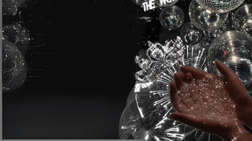 Disco ball in the night sky with hands