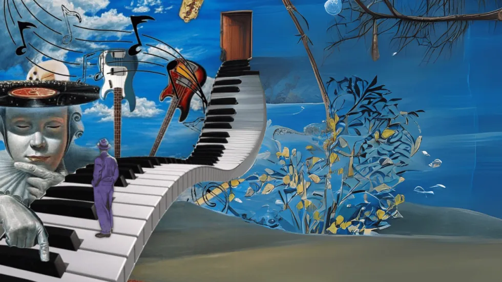 Casual symbols in daytime, music, face, door, and piano in the sky