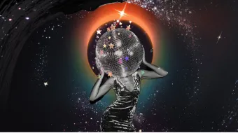 Lady with a disco lights head dancing in the night