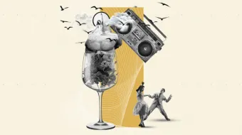 a glass, a radio, two people dancing