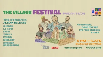 Poster for a music festival in Jordan, The Village Festival, The Synaptik live